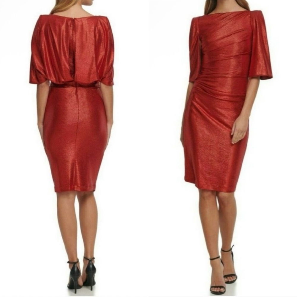 Eliza J Cocktail Dress Capelet Sleeve NWT Ruched Sparkly‎ Red Draped Back Size 8